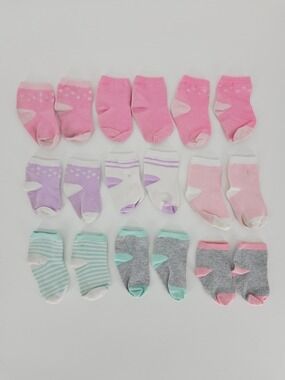 5/$25 Baby Girls Ankle Socks Lot Pink Pastel Striped Cotton 9 Pairs Size 12M